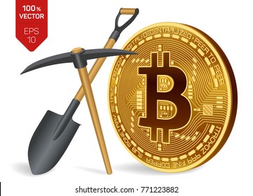 Bitcoin mining concept. 3D isometric Physical bit coin with pickaxe and shovel. Digital currency. Cryptocurrency. Golden coin with bitcoin symbol isolated on white background. Vector illustration.
