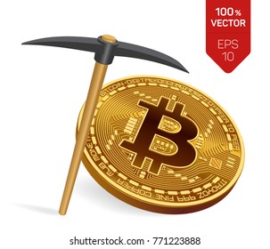 Bitcoin mining concept. 3D isometric Physical bit coin with pickaxe. Digital currency. Cryptocurrency. Golden coin with bitcoin symbol isolated on white background. Vector illustration.
