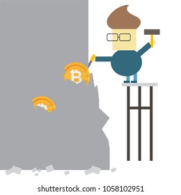 Bitcoin mining concept. Business man digging coin from the rock. Vector flat cartoon character illustration icon design. Business, Cryptocurrency, bitcoin concept