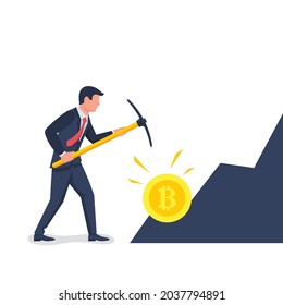 Bitcoin mining concept. Businessman with a pickaxe produces digital coins in the mountain. Vector illustration flat design. Isolated on white background. Pickaxe in hand.