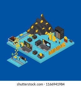 Bitcoin Mining Concept Card 3d Isometric View Cryptocurrency Digital Finance Virtual Electronic Payment on a Blue. Vector illustration of Exchange Technology