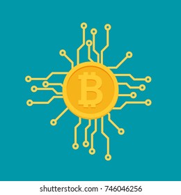 Bitcoin mining concept coin flat vector