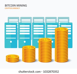 Bitcoin mining concept cryptocurrency farm working computer background.