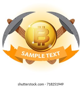 Bitcoin mining concept. Gold coin and picks. Vector illustration on white background.