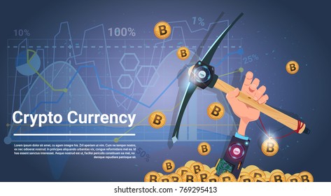 Bitcoin Mining Concept Hand Holding Pickaxe Internet Digital Money Crypto Currency Concept Vector Illustration