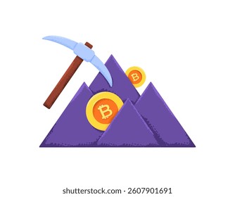 bitcoin mining concept. hunting and getting coins. crypto currency and blockchain. illustration of a pickaxe with a chunk of rock and gold coins or bitcoin money. flat style design with grain texture