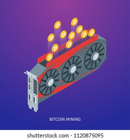 Bitcoin mining concept. Image of a video card with flying coins. Isometric composition. Highly detailed vector illustration