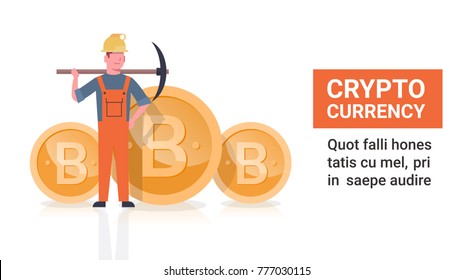 Bitcoin Mining Concept Man Holding Pickaxe Golden Bit Coins Modern Crypto Currency Networking Vector Illustration