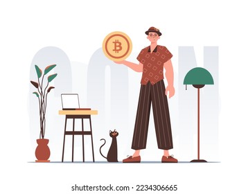 Bitcoin mining concept. A man holds a bitcoin in his hands. Character in trendy style.