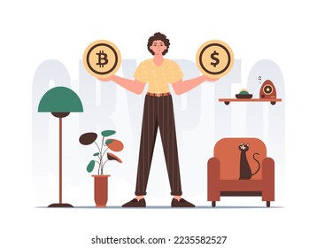 Concepto de minería de bitcoin. Un hombre tiene una bitcoin y un dólar en sus manos. Personaje de moda.
