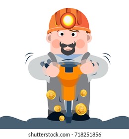 Bitcoin mining concept. Man with jackhammer extracts bitcoins. Vector illustration.