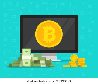 Bitcoin mining concept and paper money exchange vector illustration, flat cartoon style of desktop computer pc with cryptocurrency coins on screen and paper and golden money, idea of future banking