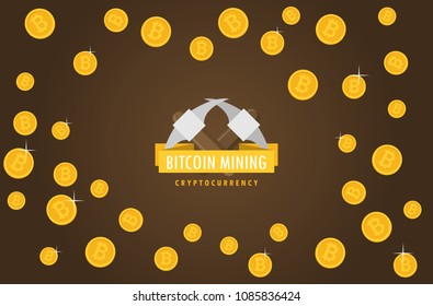 Bitcoin mining concept with pickaxe and coin flat vector