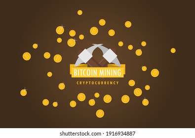 Concepto de minería de bitcoin con pickaxe y vector plano de la moneda