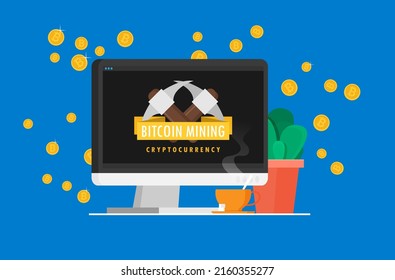 Bitcoin mining concept with pickaxe and coin flat vector