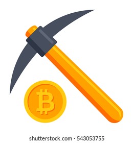 Bitcoin mining concept with pickaxe and coin