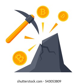 Bitcoin Mining Concept With Pickaxe, Coin And Mountain