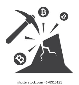 Bitcoin mining concept with pickaxe, coin and mountain