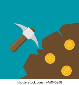Bitcoin mining concept with pickaxe and coin flat vector