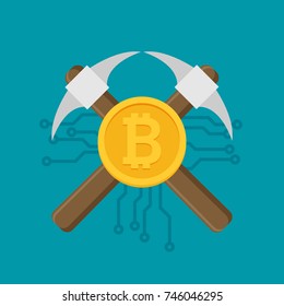 Bitcoin mining concept with pickaxe and coin flat vector