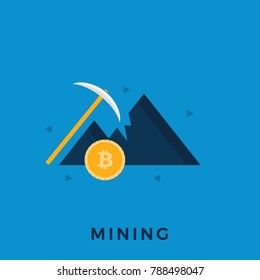 Bitcoin Mining Concept with  Pickaxe, Coin and Mountain. Flat Vector Illustration
