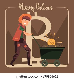 Bitcoin mining concept with pickaxe, young man character, coin and mountain graph. Vector cartoon flat illustration.