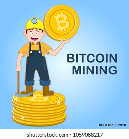 Bitcoin mining concept. Smile Miners digging coin and standing top of bitcoin.Illustration Image.