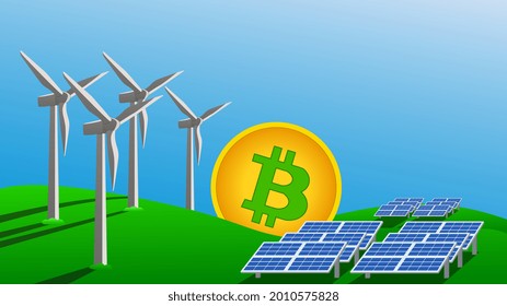 Bitcoin mining concept using green energy to protect environment. Windmills and solar panels generate electricity stand on green grass. Vector illustration.