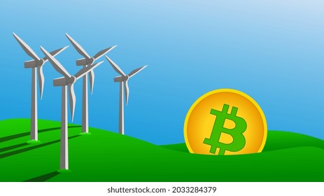 Bitcoin mining concept using green energy to protect environment. Windmills generate electricity on green grass. Vector illustration.