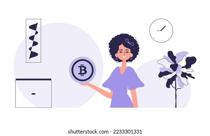 Bitcoin mining concept. A woman holds a bitcoin in her hands. Character with a modern style.