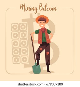 Bitcoin mining concept with young man of gold rush times with shovel. Vector flat illustration.