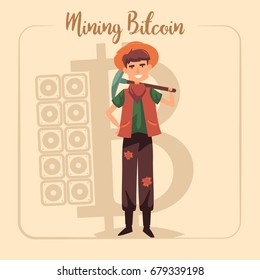 Bitcoin mining concept with young man of gold rush times with pick. Vector flat illustration.