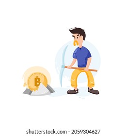 Bitcoin mining, conceptual illustration. Mining the crypto with a pickaxe. Flat editable vector illustration clip art