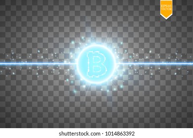 Bitcoin mining, conceptual illustration.. Digital money. Concept design of cryptocurrency. Sign bitcoin on transparent background with generation particles energy. Vector illustration.
