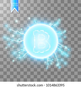 Bitcoin mining, conceptual illustration.. Digital money. Concept design of cryptocurrency. Sign bitcoin on transparent background with generation particles energy. Vector illustration.
