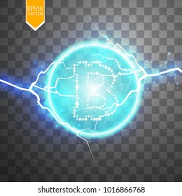 Bitcoin mining, conceptual illustration.. Digital money. Concept design of cryptocurrency. Sign bitcoin on transparent background with generation particles energy. Vector illustration.