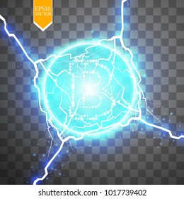 Bitcoin mining, conceptual illustration.. Digital money. Concept design of cryptocurrency. Sign bitcoin on transparent background with generation particles energy. Vector illustration. EPS 10.