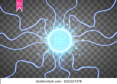 Bitcoin mining, conceptual illustration.. Digital money. Concept design of cryptocurrency. Sign bitcoin on transparent background with generation particles energy. Vector illustration. EPS 10.
