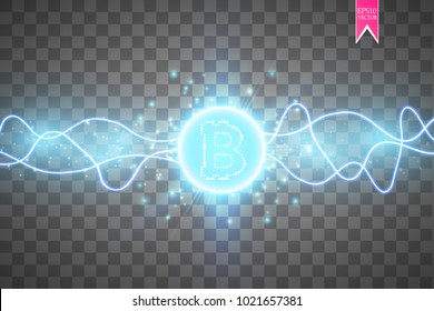 Bitcoin mining, conceptual illustration.. Digital money. Concept design of cryptocurrency. Sign bitcoin on transparent background with generation particles energy. Vector illustration. EPS 10.
