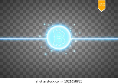 Bitcoin mining, conceptual illustration.. Digital money. Concept design of cryptocurrency. Sign bitcoin on transparent background with generation particles energy. Vector illustration. EPS 10.