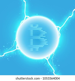 Bitcoin mining, conceptual illustration.. Digital money. Concept design of cryptocurrency. Sign bitcoin on transparent background with generation particles energy. Vector illustration.