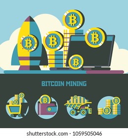 Bitcoin mining. Conceptual illustration. Bitcoin mining icons. Vector clipart.