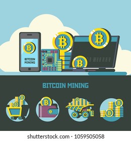 Bitcoin mining. Conceptual illustration. Bitcoin mining icons. Vector clipart.