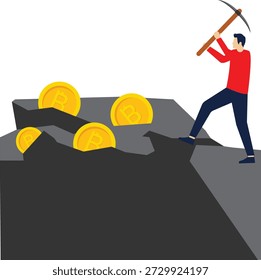 Bitcoin mining, ilustração conceitual. Jovem personagem de mineração da criptomoeda com uma picareta. Ilustração vetorial editável plana, clip-art

