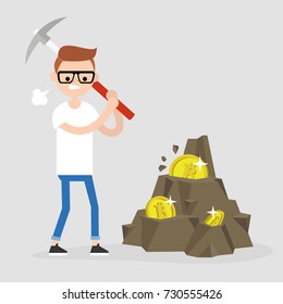 Bitcoin mining, conceptual illustration. Young character mining the cryptocurrency with a pickaxe. Flat editable vector illustration, clip art