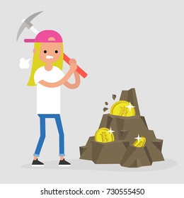 Bitcoin mining, conceptual illustration. Young female character mining the cryptocurrency with a pickaxe. Flat editable vector illustration, clip art