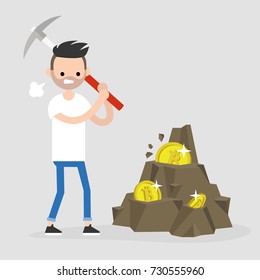 Bitcoin mining, conceptual illustration. Young character mining the cryptocurrency with a pickaxe. Flat editable vector illustration, clip art