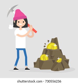 Bitcoin mining, conceptual illustration. Young female character mining the cryptocurrency with a pickaxe. Flat editable vector illustration, clip art