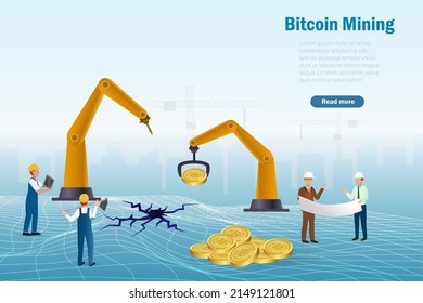 Bitcoin mining, crypto mining rendering system with miners and engineering team, excavator machine processing in virtual GPU simulating farm.