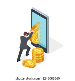 Bitcoin mining and cryptocurrency exchange vector 3d isolated on white background